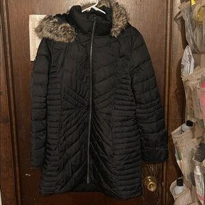 Women's Black Lands End Quilted Coat with Faux Fur trim on hood